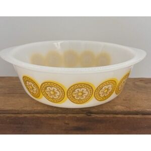 Glasbake Casserole Dish J514 2QT Vintage Milk Glass Harvest Gold Daisy Medallion
